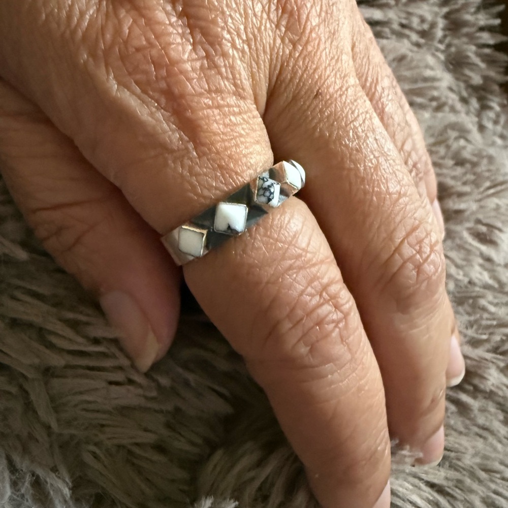 Sterling Silver band ring with white stones approx size 7-8